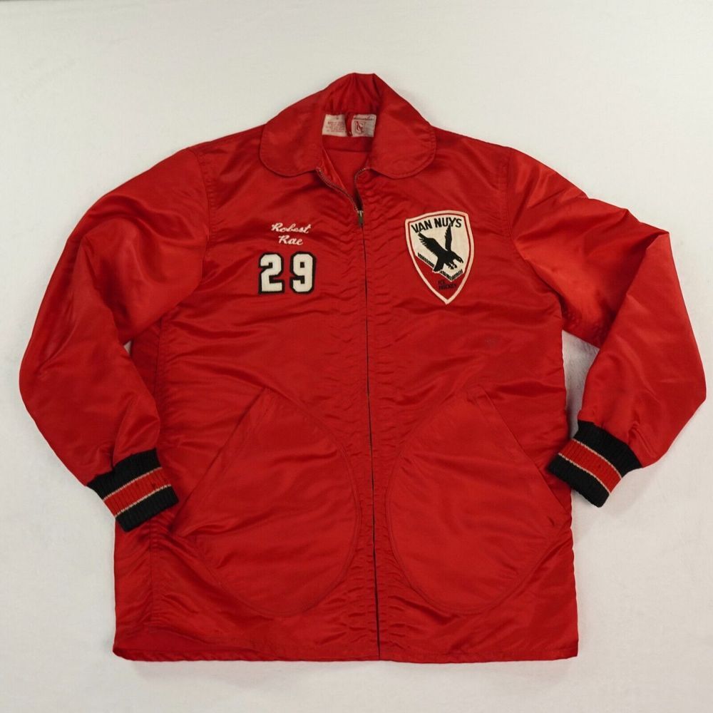 Vintage Van Nuys Ice Hockey Jacket Mens Small Red Satin Goodman Sons #29 Named